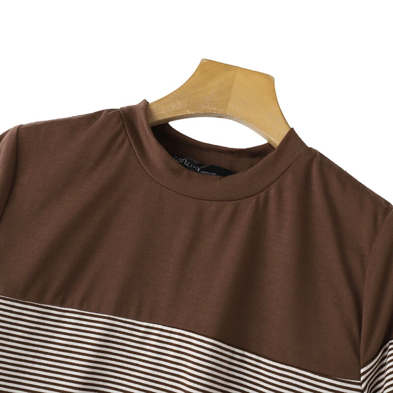 ZANZEA Women Summer T Shirt Vintage Striped Short Sleeve Tee Korean Fashion Round Neck Patchwork Tunics Casual Knitted Tops — view 6
