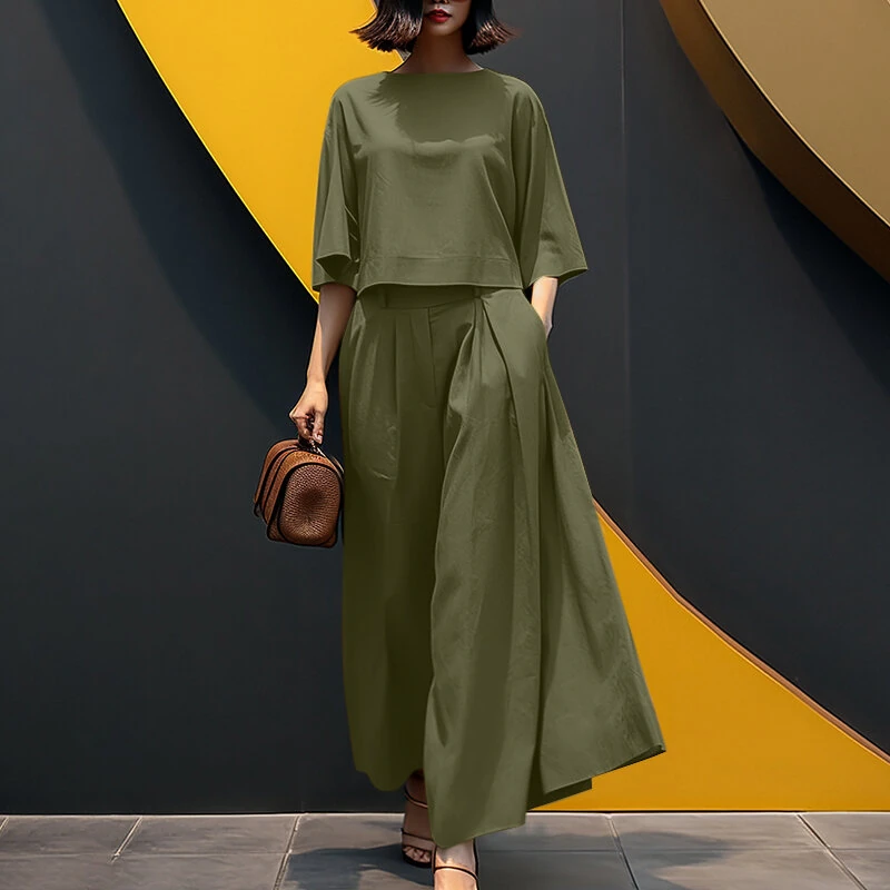 ZANZEA Women Two-piece Outfits 3/4 Sleeve O-Neck Top Elastic Waist Pleated Wide Leg Pants Sets — view 2