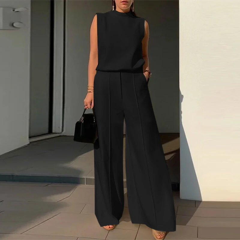 ZANZEA Women Vintage Casual Stand Neck Sleeveless Pleated Wide Leg Tops Trousers — view 2