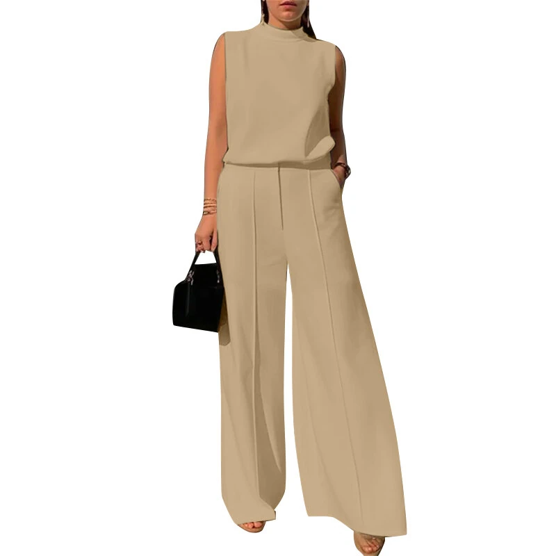 ZANZEA Women Vintage Casual Stand Neck Sleeveless Pleated Wide Leg Tops Trousers — view 3