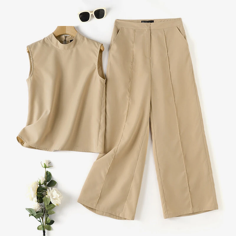 ZANZEA Women Vintage Casual Stand Neck Sleeveless Pleated Wide Leg Tops Trousers — view 4