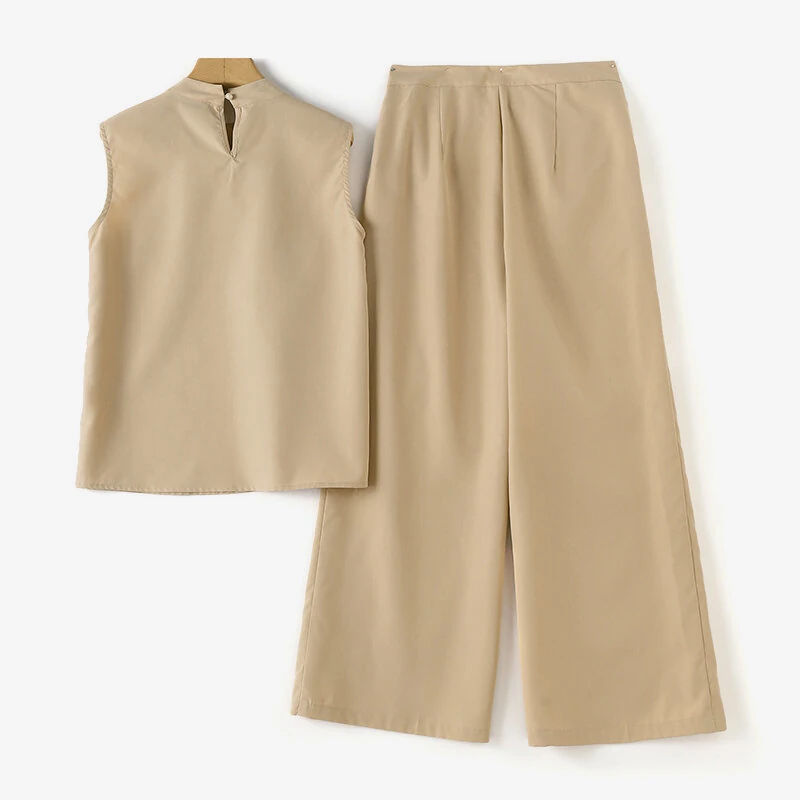 ZANZEA Women Vintage Casual Stand Neck Sleeveless Pleated Wide Leg Tops Trousers — view 9