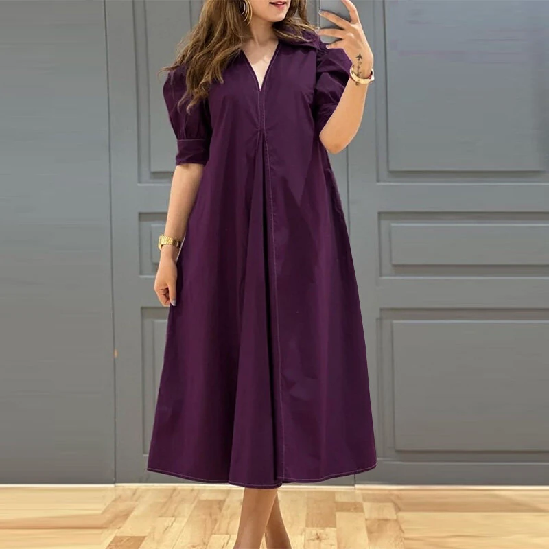 ZANZEA Women Vintage Fashion Solid Casual V-Neck Short Sleeve Dress Loose Fit with Side Pockets — view 10