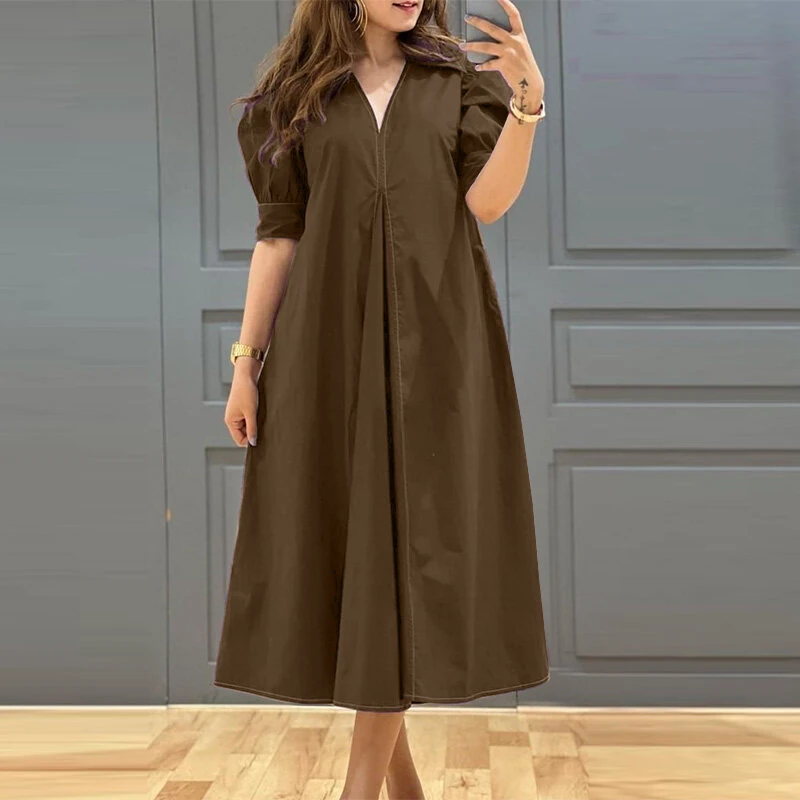 ZANZEA Women Vintage Fashion Solid Casual V-Neck Short Sleeve Dress Loose Fit with Side Pockets — view 2