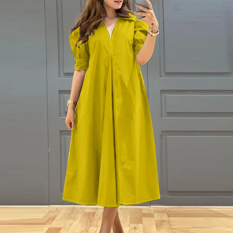 ZANZEA Women Vintage Fashion Solid Casual V-Neck Short Sleeve Dress Loose Fit with Side Pockets — view 3