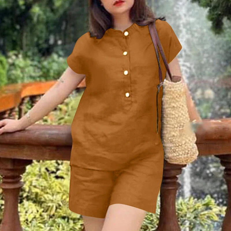 ZANZEA Womens Casual 2pcs Sets Short Sleeve Top Blouse Elastic Waist Pants Loose Suits — view 2