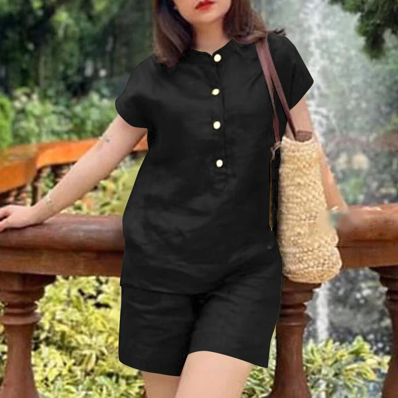 ZANZEA Womens Casual 2pcs Sets Short Sleeve Top Blouse Elastic Waist Pants Loose Suits — view 3