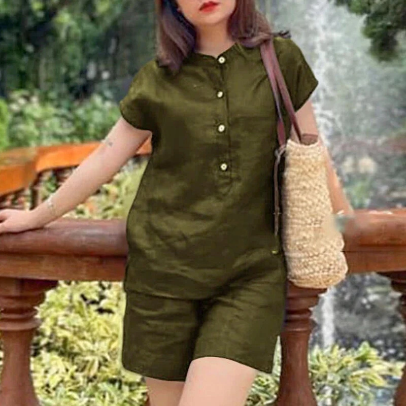 ZANZEA Womens Casual 2pcs Sets Short Sleeve Top Blouse Elastic Waist Pants Loose Suits — view 4