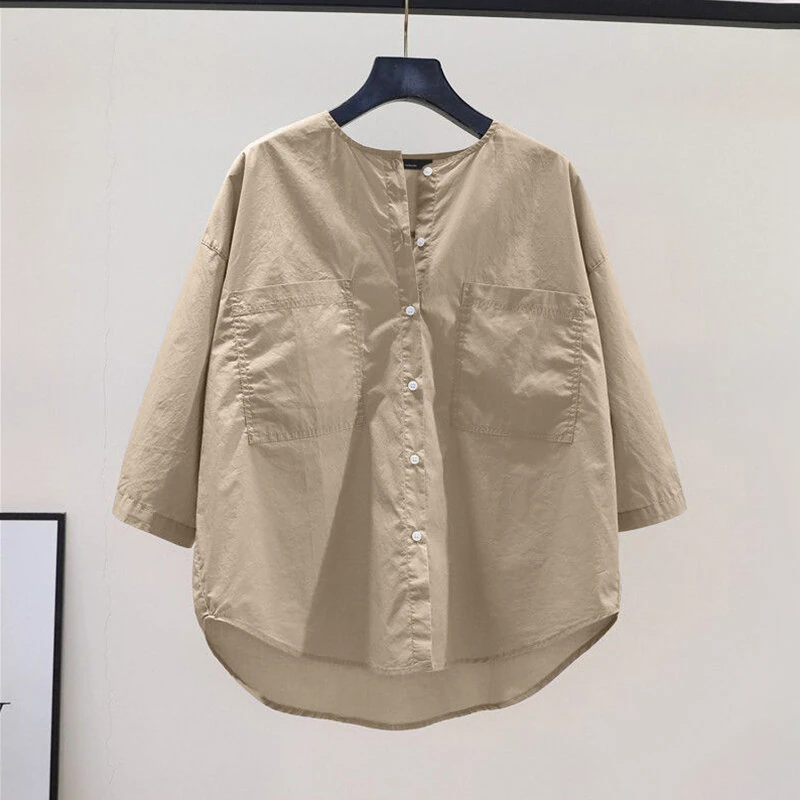 ZANZEA Womens Daily Casual Crew Neck Puff Sleeve Shirts Office Lady Button Up Solid Blouses with Pockets — view 2