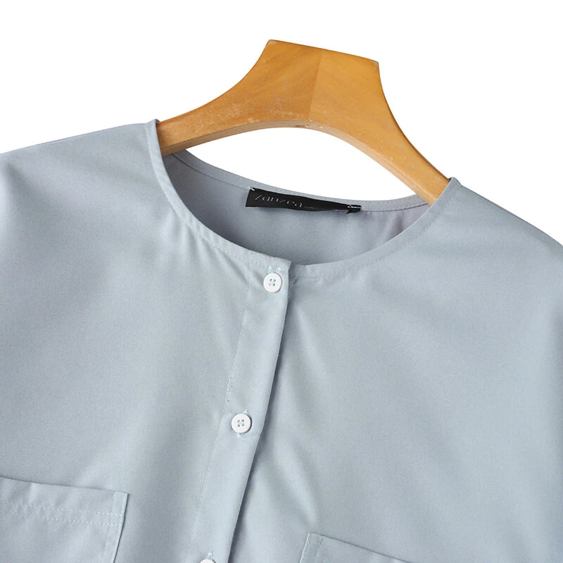 ZANZEA Womens Daily Casual Crew Neck Puff Sleeve Shirts Office Lady Button Up Solid Blouses with Pockets — view 5