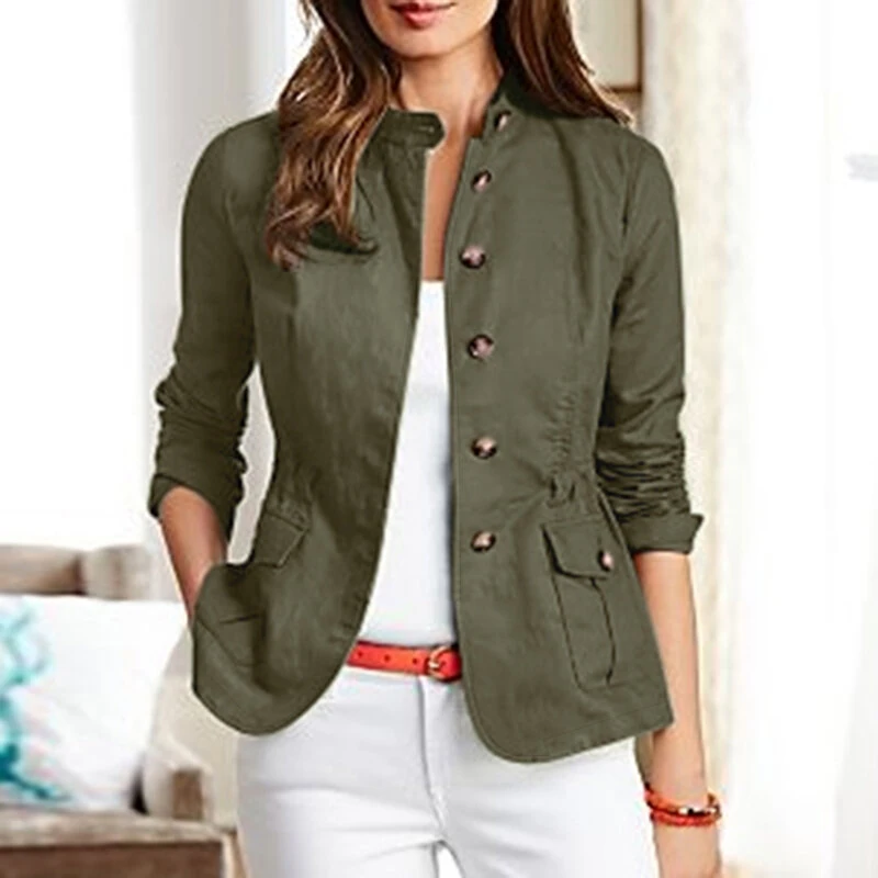 ZANZEA Womens Fashion Button Down Front Side Pocket Outwear Casual Long Sleeve Stand Collar Jackets — ZANZEA
