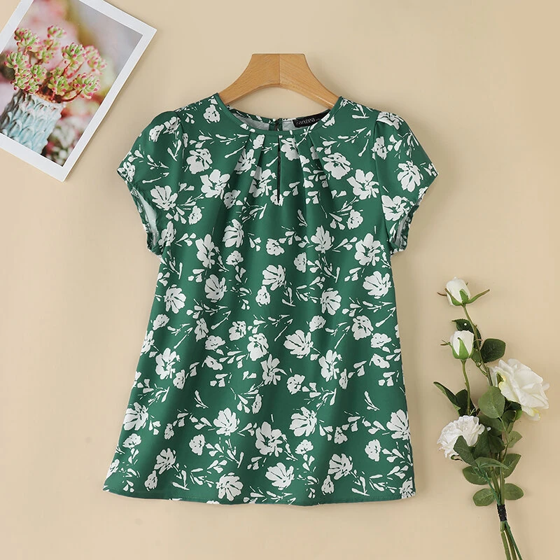 ZANZEA Womens Floral Print Ruffled Open Round Neck Design Short Sleeve Shirts — view 4