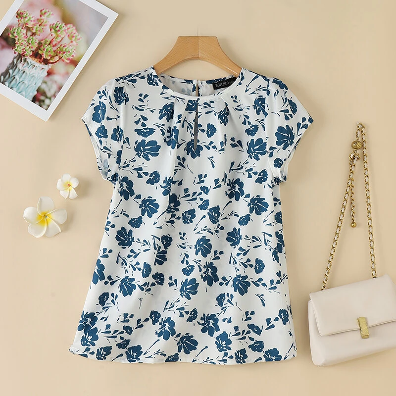 ZANZEA Womens Floral Print Ruffled Open Round Neck Design Short Sleeve Shirts — view 5