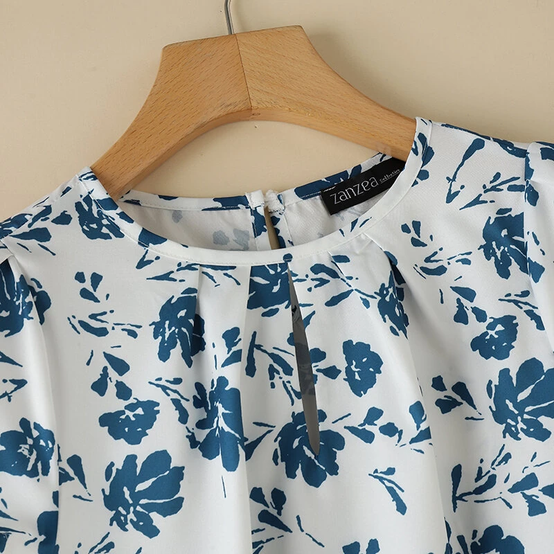 ZANZEA Womens Floral Print Ruffled Open Round Neck Design Short Sleeve Shirts — view 6