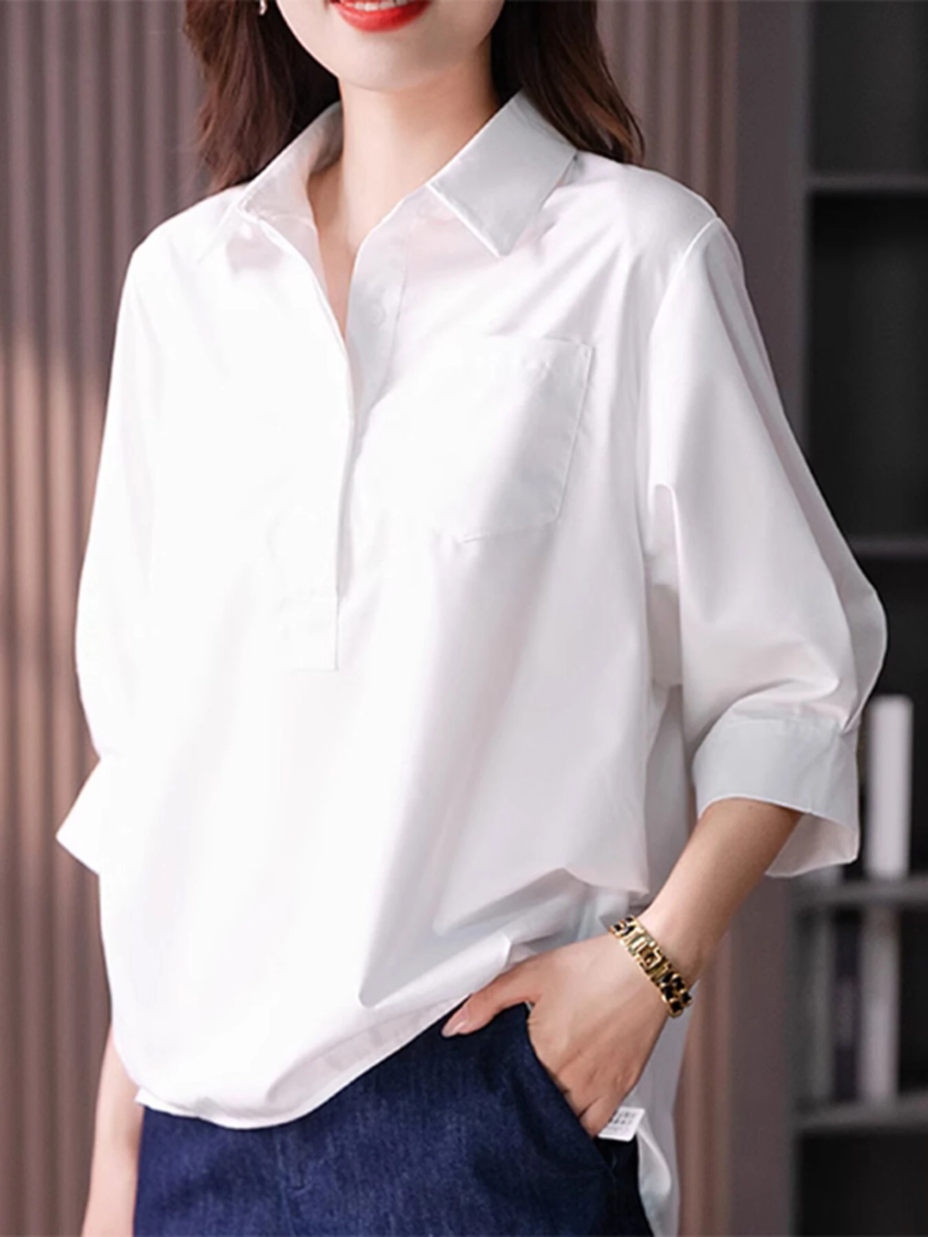 ZANZEA Womens Lapel Blouses 3/4 Length Sleeve Solid Color Shirts with Chest Pocket — image 1