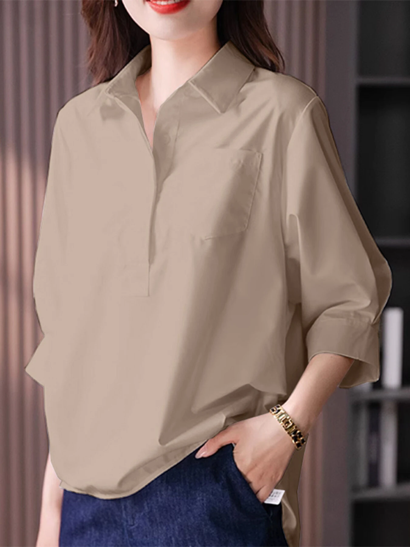 ZANZEA Womens Lapel Blouses 3/4 Length Sleeve Solid Color Shirts with Chest Pocket — view 2