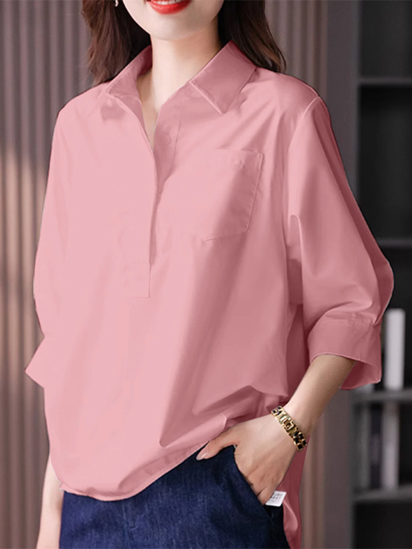 ZANZEA Womens Lapel Blouses 3/4 Length Sleeve Solid Color Shirts with Chest Pocket — view 3