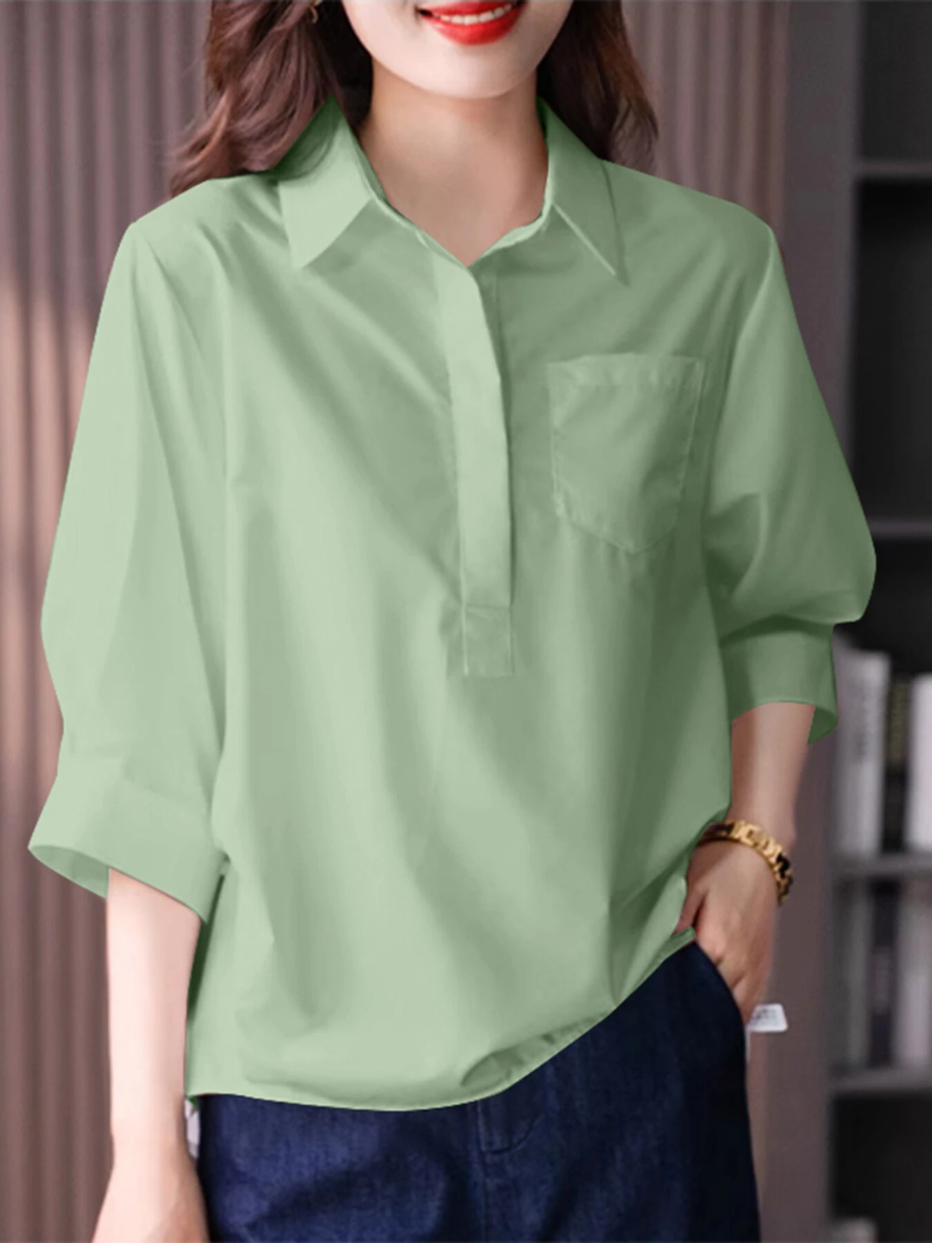 ZANZEA Womens Lapel Blouses 3/4 Length Sleeve Solid Color Shirts with Chest Pocket — view 4