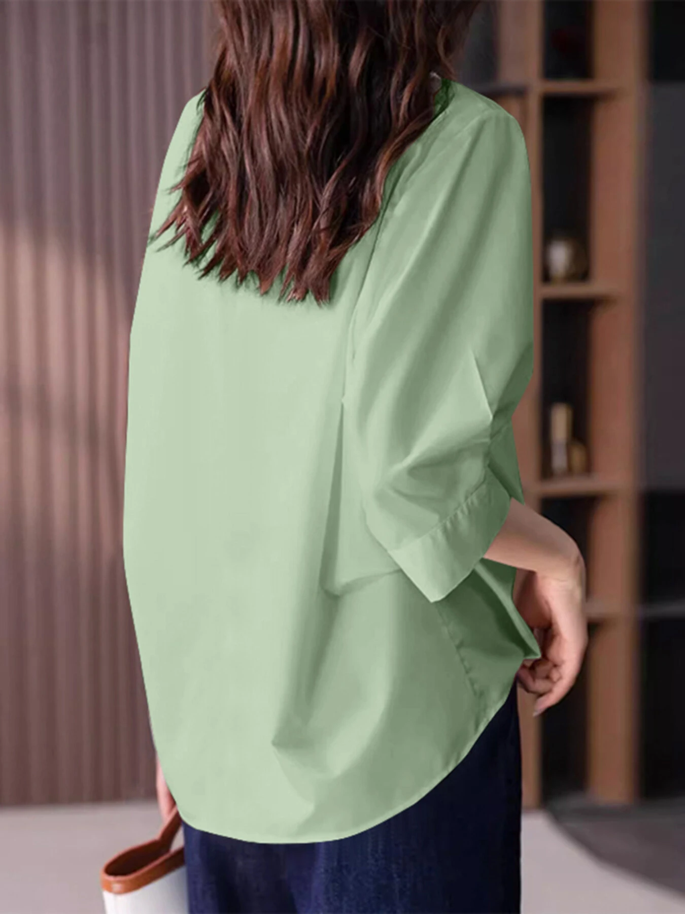 ZANZEA Womens Lapel Blouses 3/4 Length Sleeve Solid Color Shirts with Chest Pocket — view 5