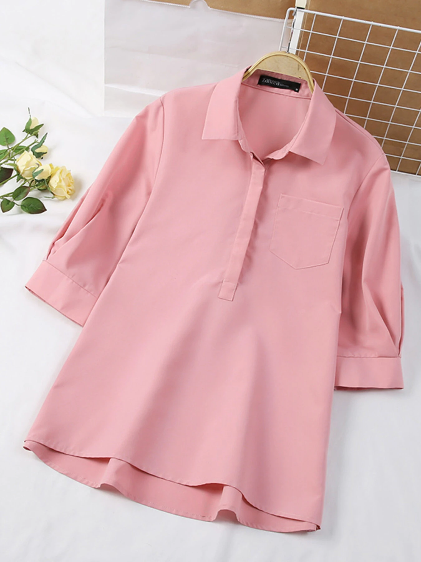 ZANZEA Womens Lapel Blouses 3/4 Length Sleeve Solid Color Shirts with Chest Pocket — view 6