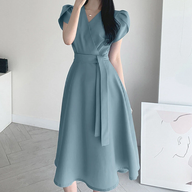 ZANZEA Womens Puff Sleeve V Neck Belted A Line Midi Dress Party Gown Long Dresses — view 10