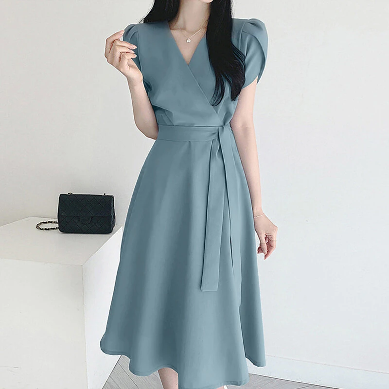 ZANZEA Womens Puff Sleeve V Neck Belted A Line Midi Dress Party Gown Long Dresses — view 2