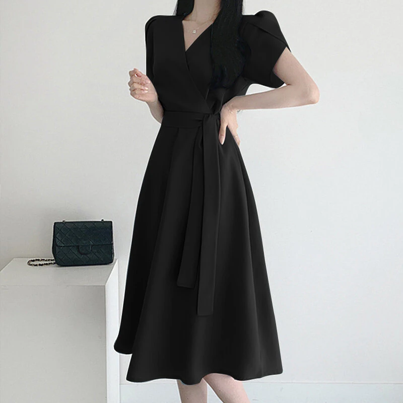 ZANZEA Womens Puff Sleeve V Neck Belted A Line Midi Dress Party Gown Long Dresses — view 4