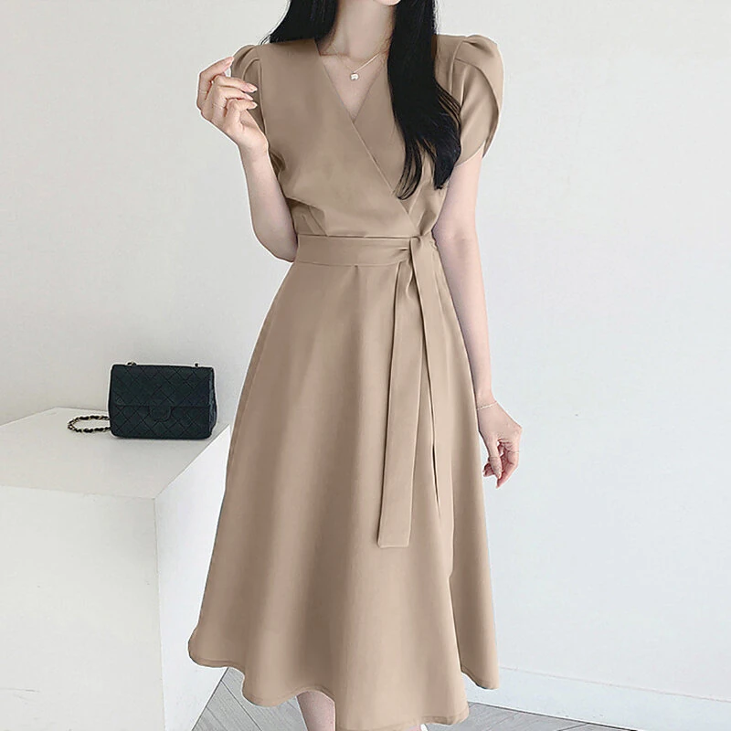 ZANZEA Womens Puff Sleeve V Neck Belted A Line Midi Dress Party Gown Long Dresses — view 5