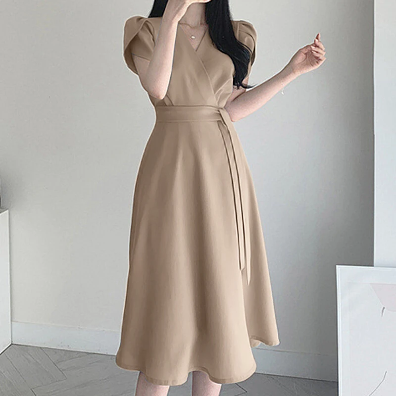 ZANZEA Womens Puff Sleeve V Neck Belted A Line Midi Dress Party Gown Long Dresses — view 6