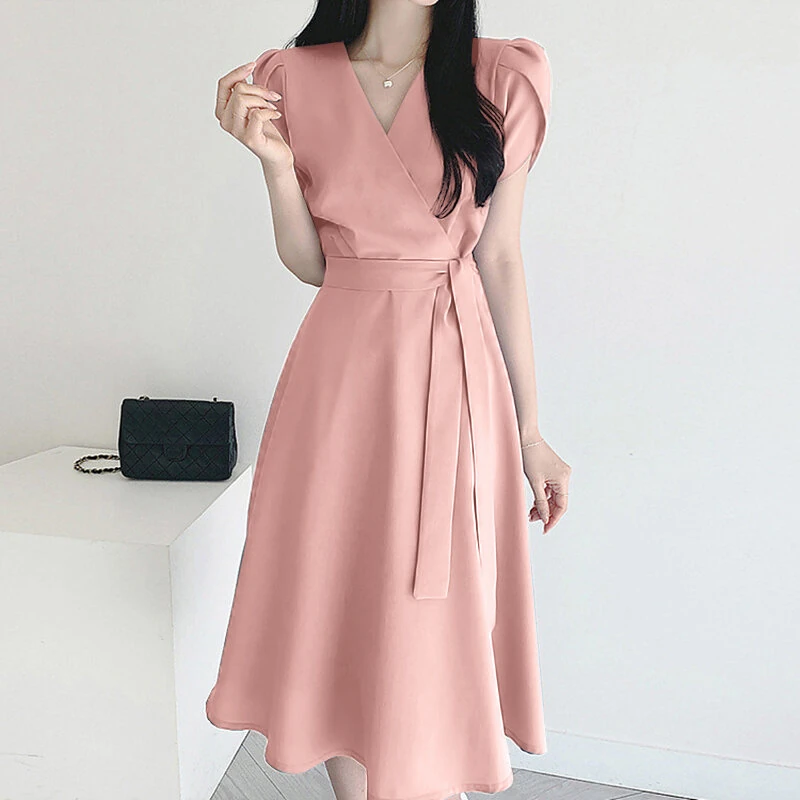 ZANZEA Womens Puff Sleeve V Neck Belted A Line Midi Dress Party Gown Long Dresses — view 7