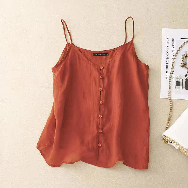 ZANZEA Womens Spaghetti Strap Camisole Summer Tank Tops V Neck Casual Slip Blouse Streetwear — view 2