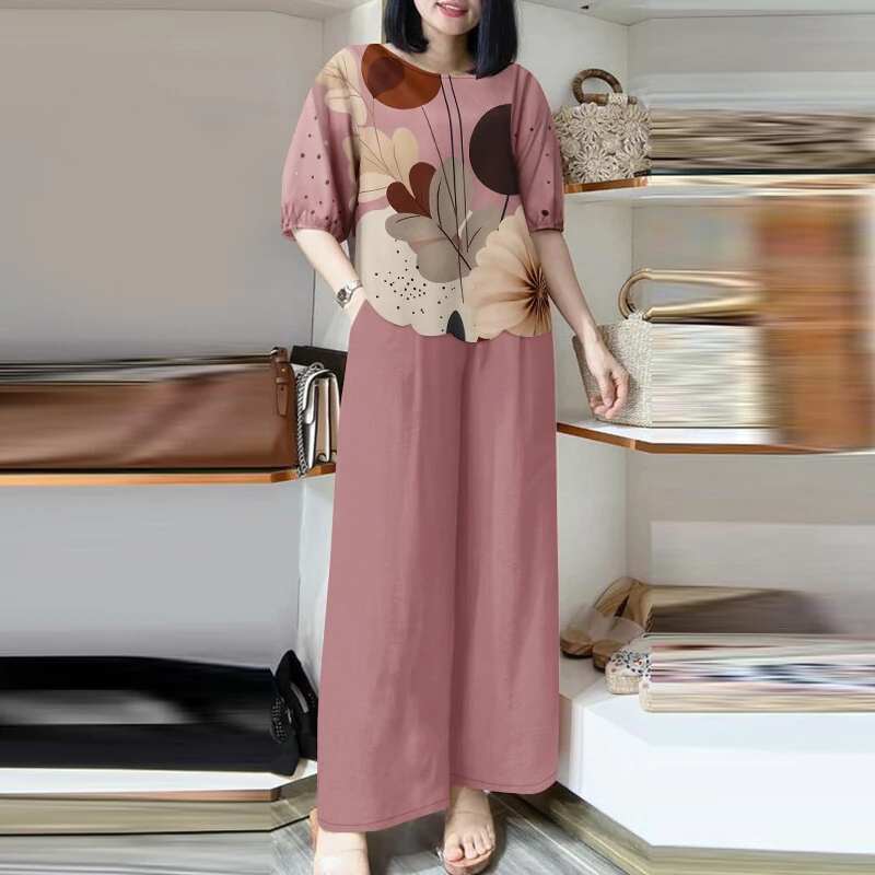 ZANZEA Womens Two-Piece Set Lady Elegant Sets Crew Neck Lantern Sleeve Graphic Print Tops Wide Leg Trousers Suits — view 2
