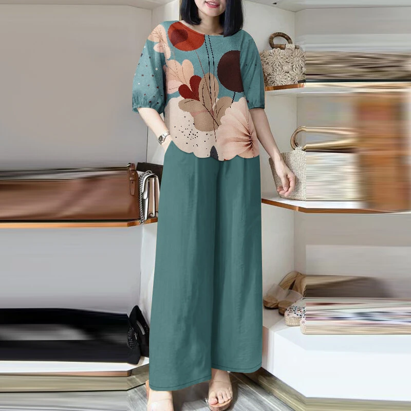 ZANZEA Womens Two-Piece Set Lady Elegant Sets Crew Neck Lantern Sleeve Graphic Print Tops Wide Leg Trousers Suits — view 3