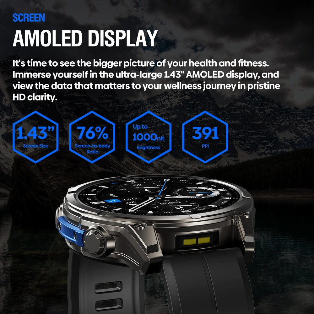 Zeblaze Vibe 8 1.43-inch AMOLED Display 818H SapphireLens Built-in LED Flashlight 60 Days Battery Life 5ATM&IP69K Waterproof bluetooth Call Heart Rate Blood Pressure Blood Oxygen Monitor Sleep Monitoring Breathing Training Multi-sport Modes Smart Watch — view 3
