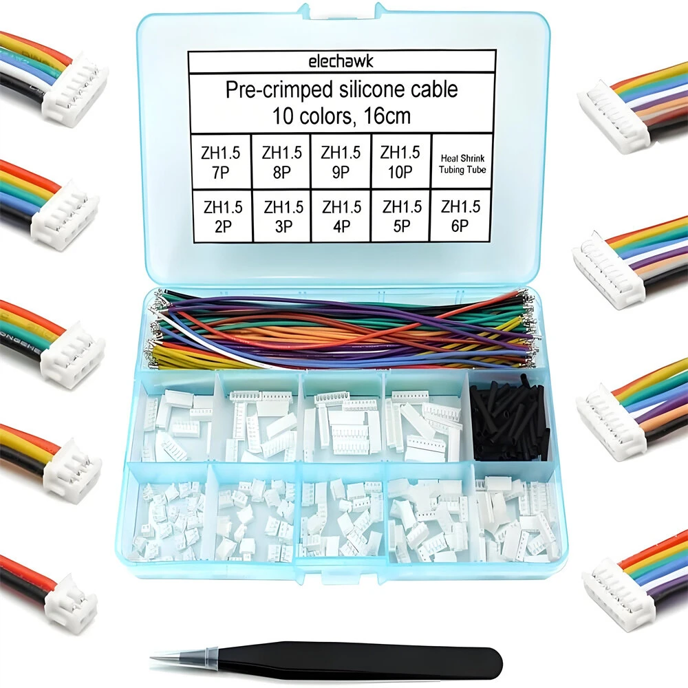 ZH1.5MM Connector Socket Kit with Crimped Cable Terminal 2345678910P Housing 16cm 28AWG Wire Pre-crimped 10 Colors for DIY Electronics Arduinos Robotics