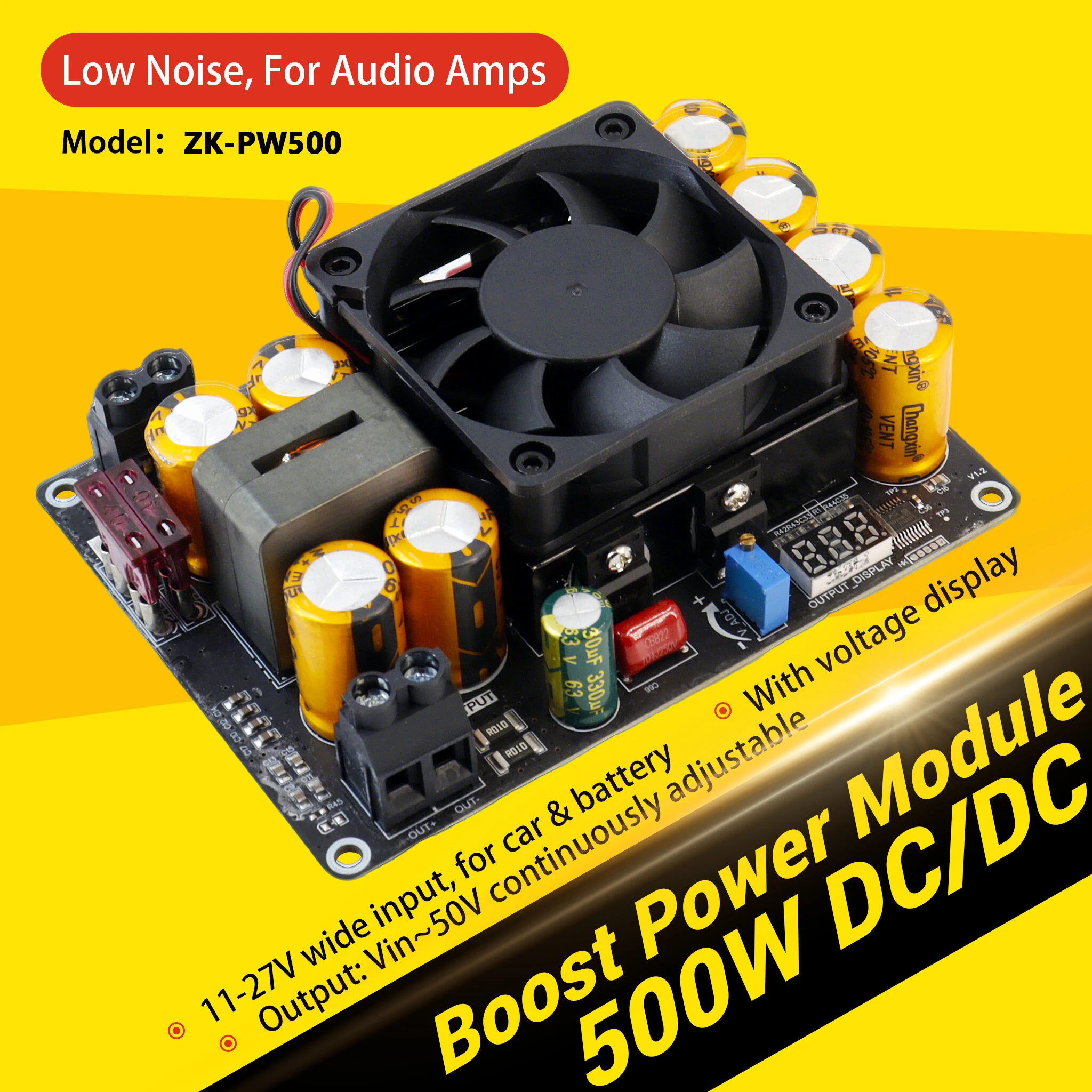 ZK-PW500 Boost Converter Module 11-27V DC Input VIN-50V Output 500W Voltage Regulator Power Supply Board — view 2