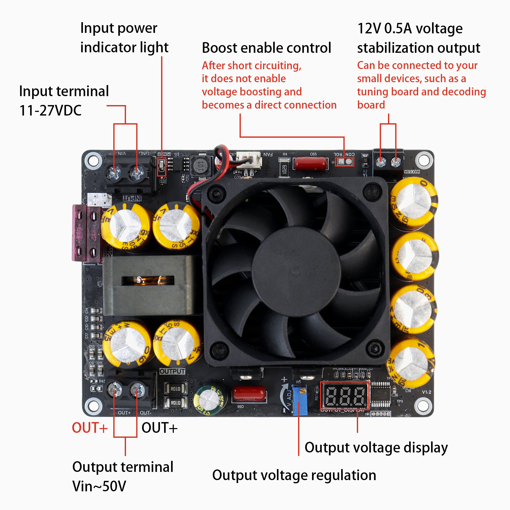 ZK-PW500 Boost Converter Module 11-27V DC Input VIN-50V Output 500W Voltage Regulator Power Supply Board — view 5