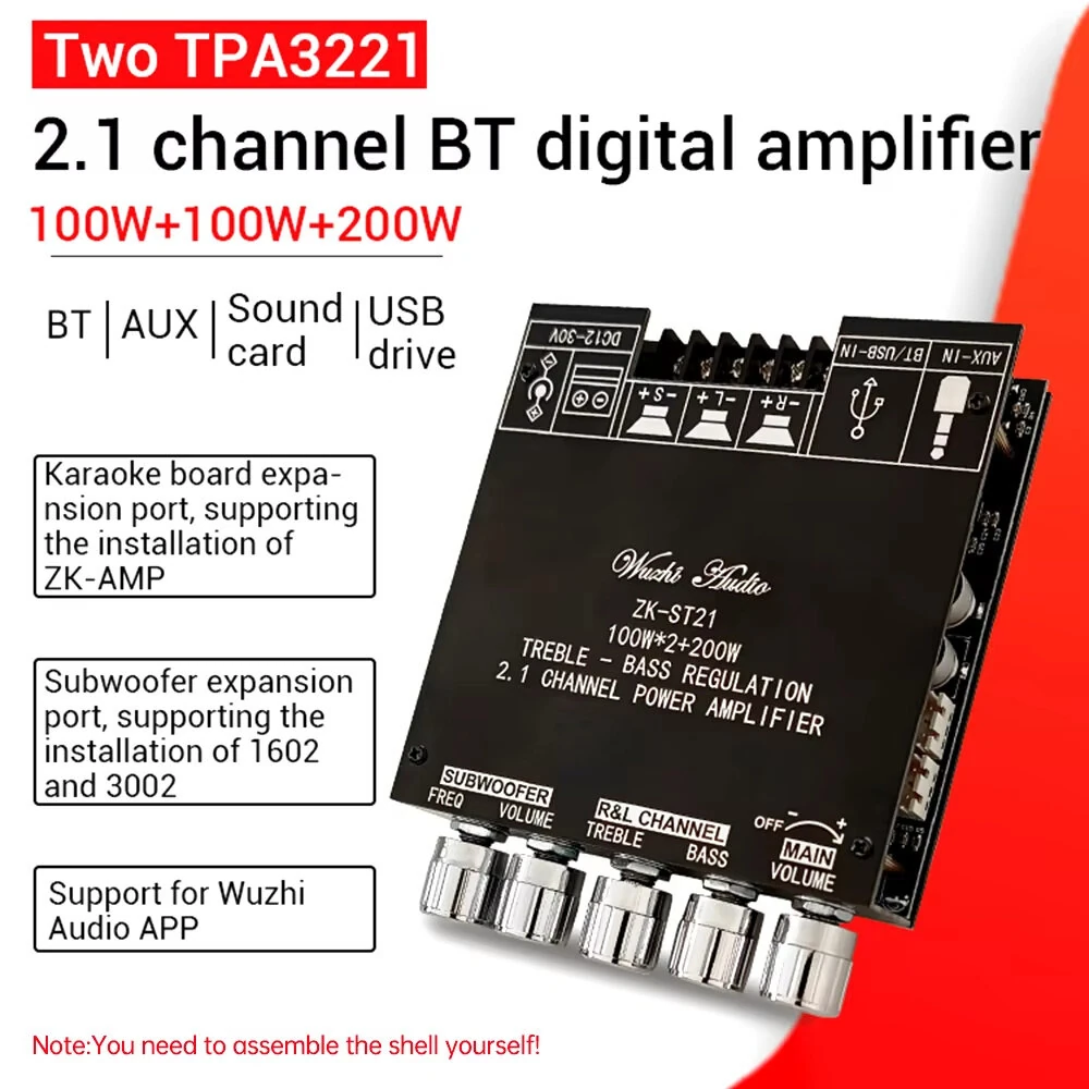 ZK-ST21 bluetooth Digital Amplifier Board 2.1 Channel 100W+100W+200W Subwoofer Chip TPA3221 DC12-30V 10A — view 3