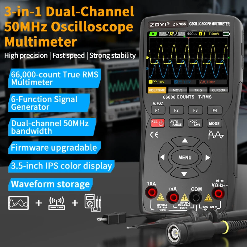 ZOYI ZT-706S Handheld Oscilloscope Multimeter 3-In-1 Dual Channel 50MHz 280MSa/s 66000 Counts Signal Generator IPS Display — view 2